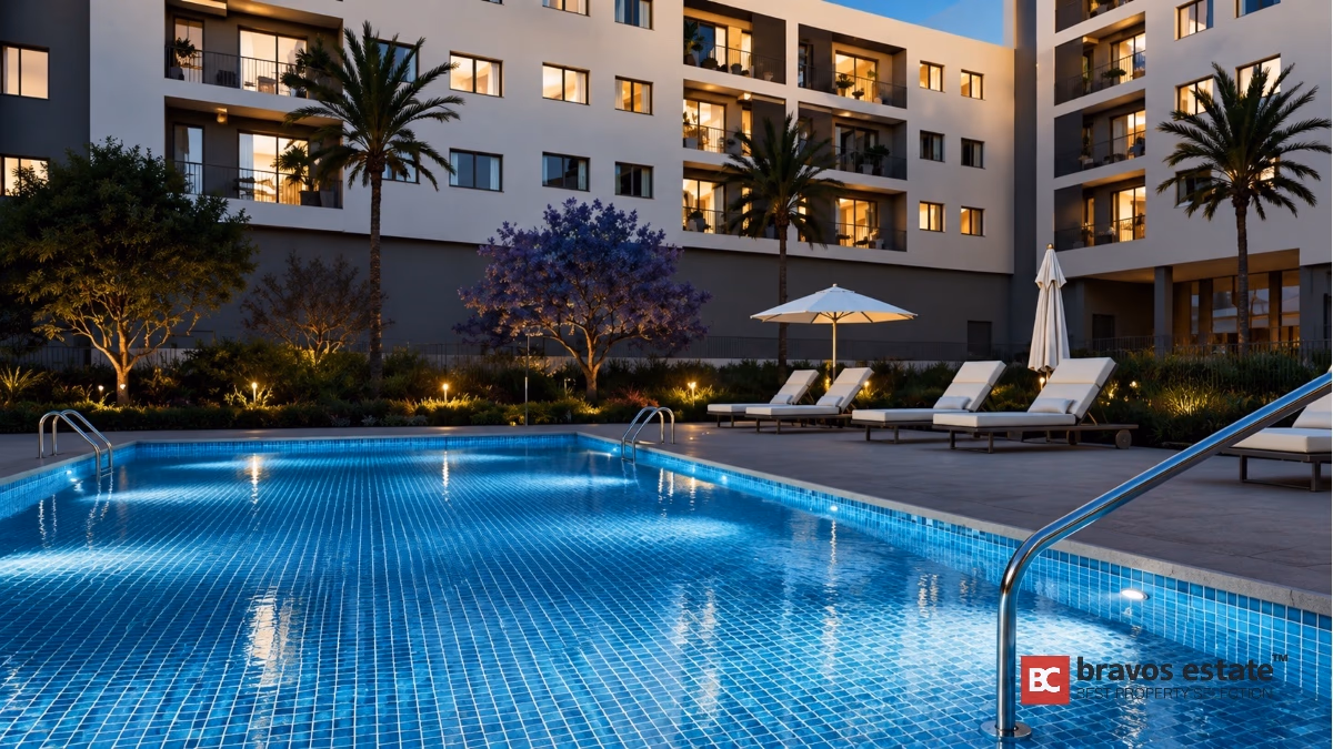 Modern apartment complex with illuminated swimming pool and terraces in Alicante