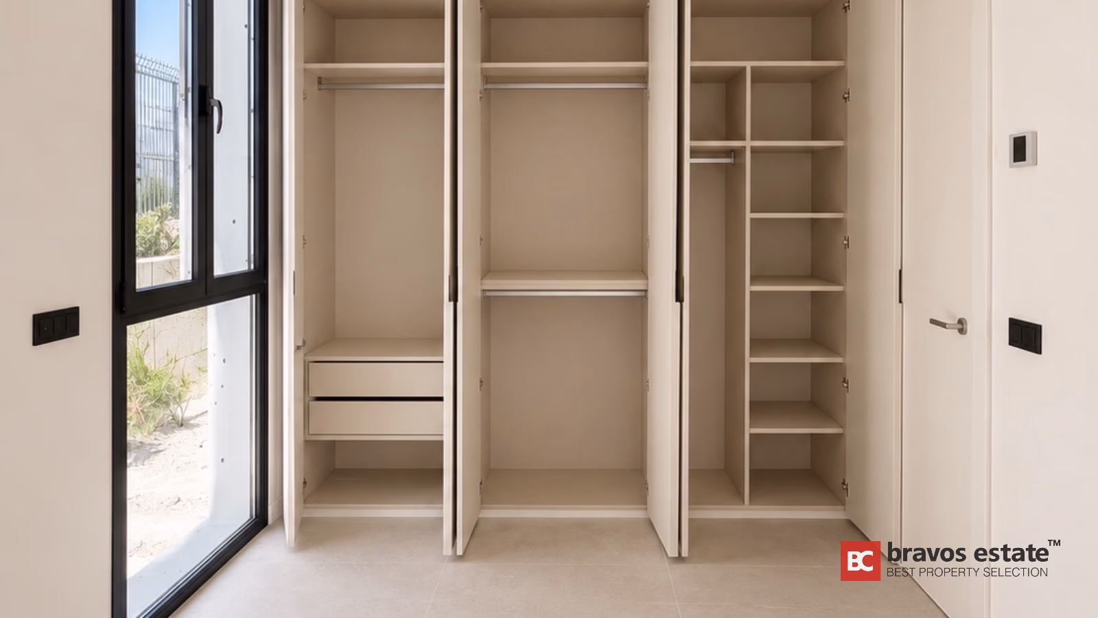 Modern bedroom with built-in wardrobes and storage in Finestrat villa