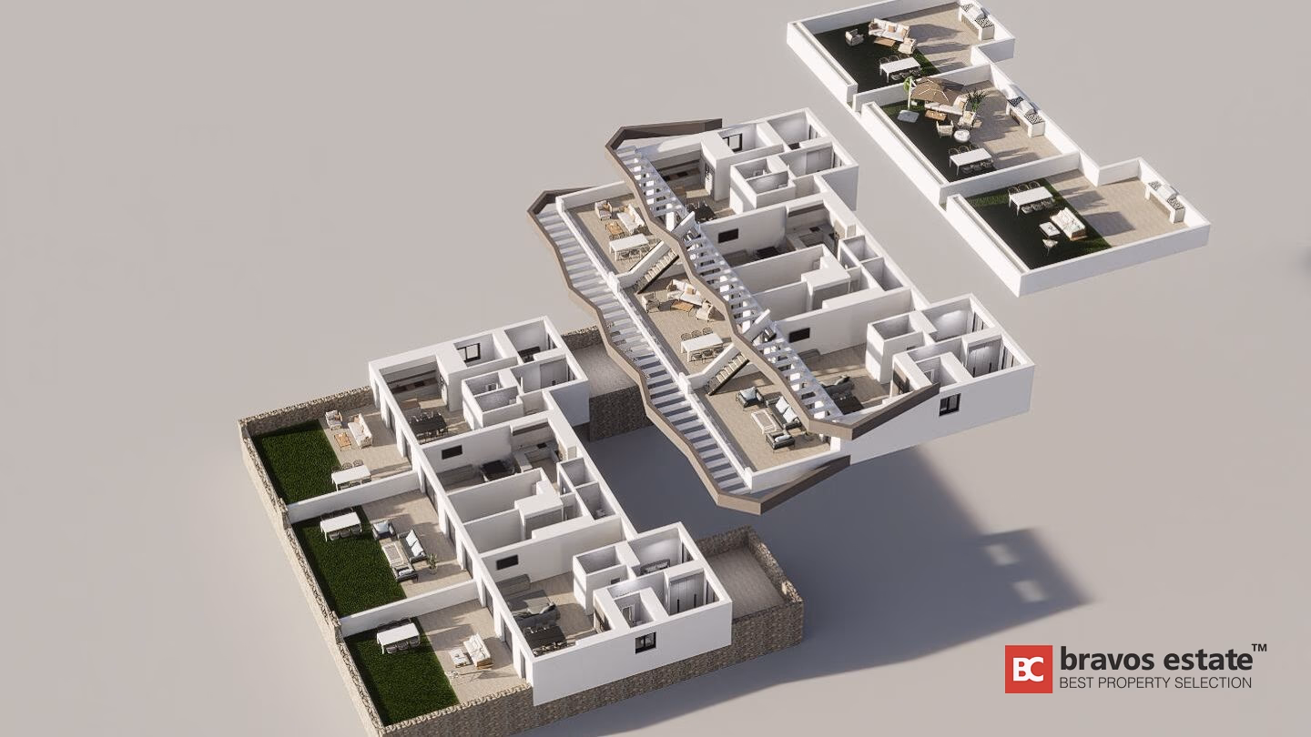 3D-разрез Luz 2 — Balcón de Finestrat: внутренняя планировка террасного бунгало на нескольких уровнях