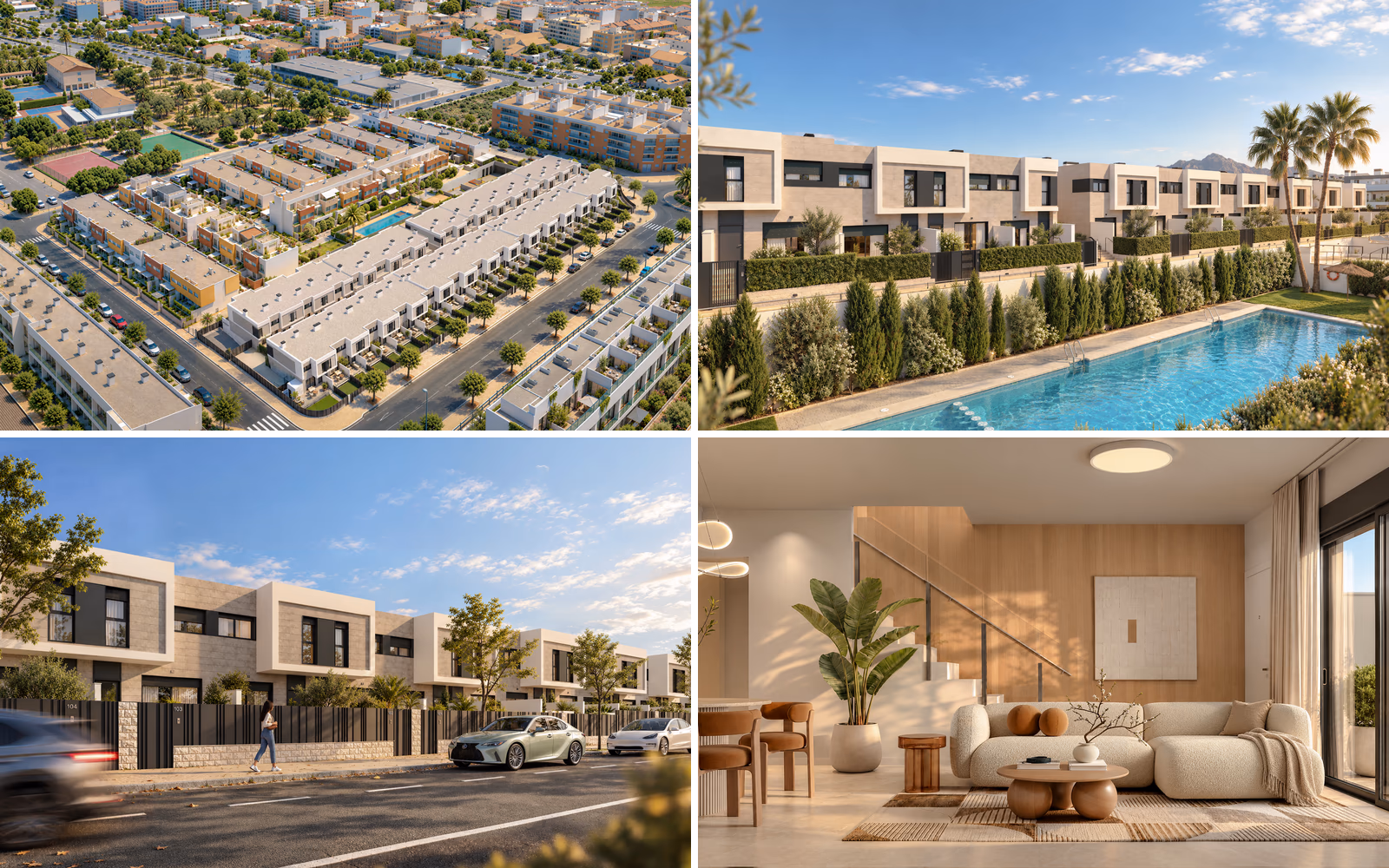 Portaitana in Mutxamel: aerial view of the two rows of townhouses, the communal pool, the street facades and a living room