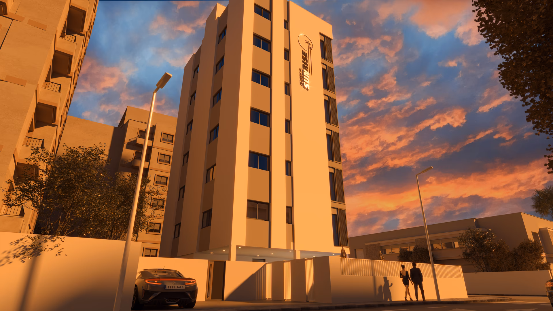 Sunrise Tower на закате с подсвеченным логотипом-пальмой на торце