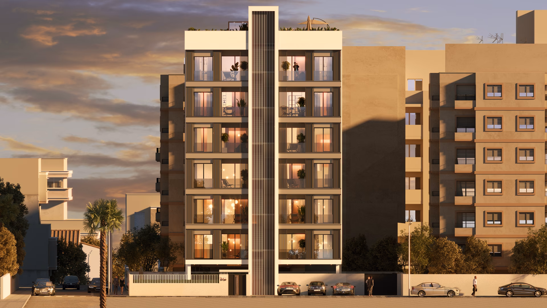 Фронтальный фасад Sunrise Tower с вертикальной ламельной колонной между балконами