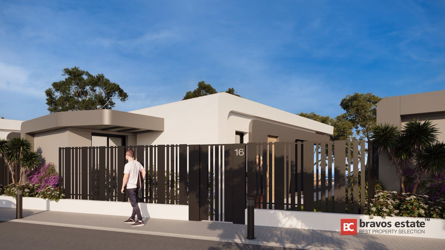 CGI-рендер экстерьера виллы Bonalba Green Villas: одноэтажный дом с плоской кровлей, тёмными реечными воротами с номером 16, ухоженным палисадником и прохожим у входа.