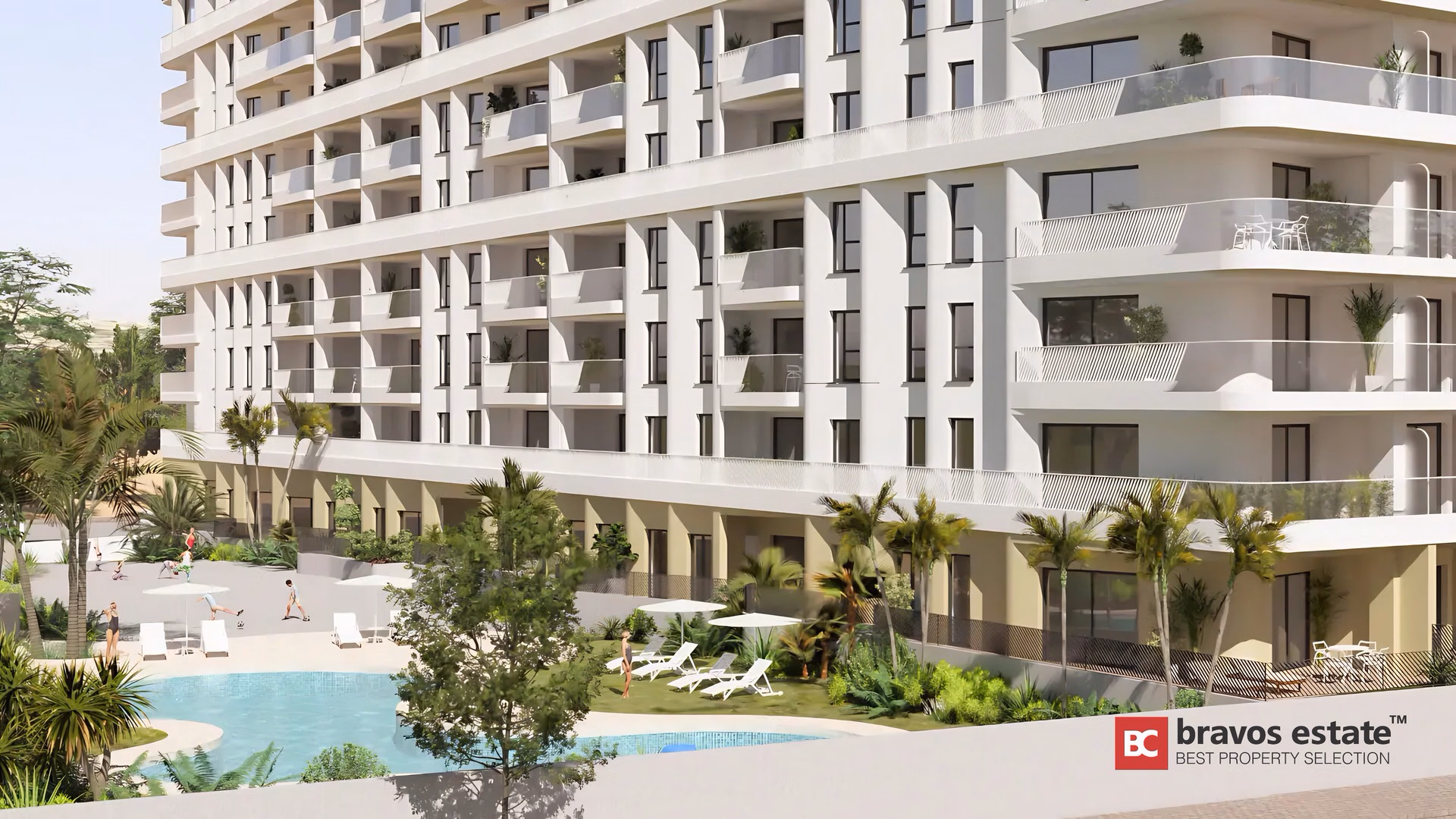 Общий бассейн рядом с белыми жилыми домами Allonbay Hills