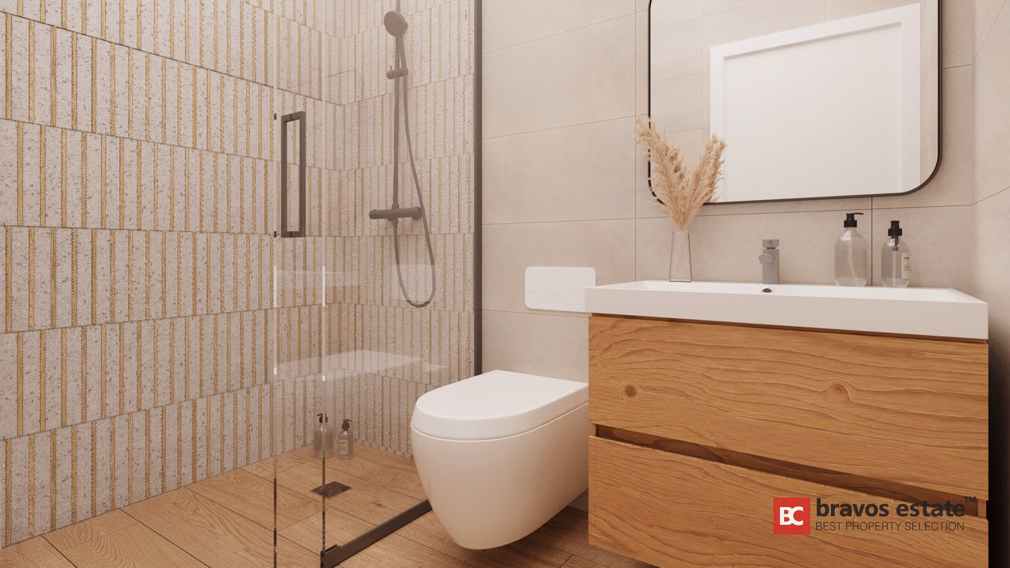 CGI-визуализация ванной комнаты виллы Bonalba Green Villas: душевая кабина без поддона с фактурной плиткой, подвесной унитаз и парящая тумба с раковиной под дуб.