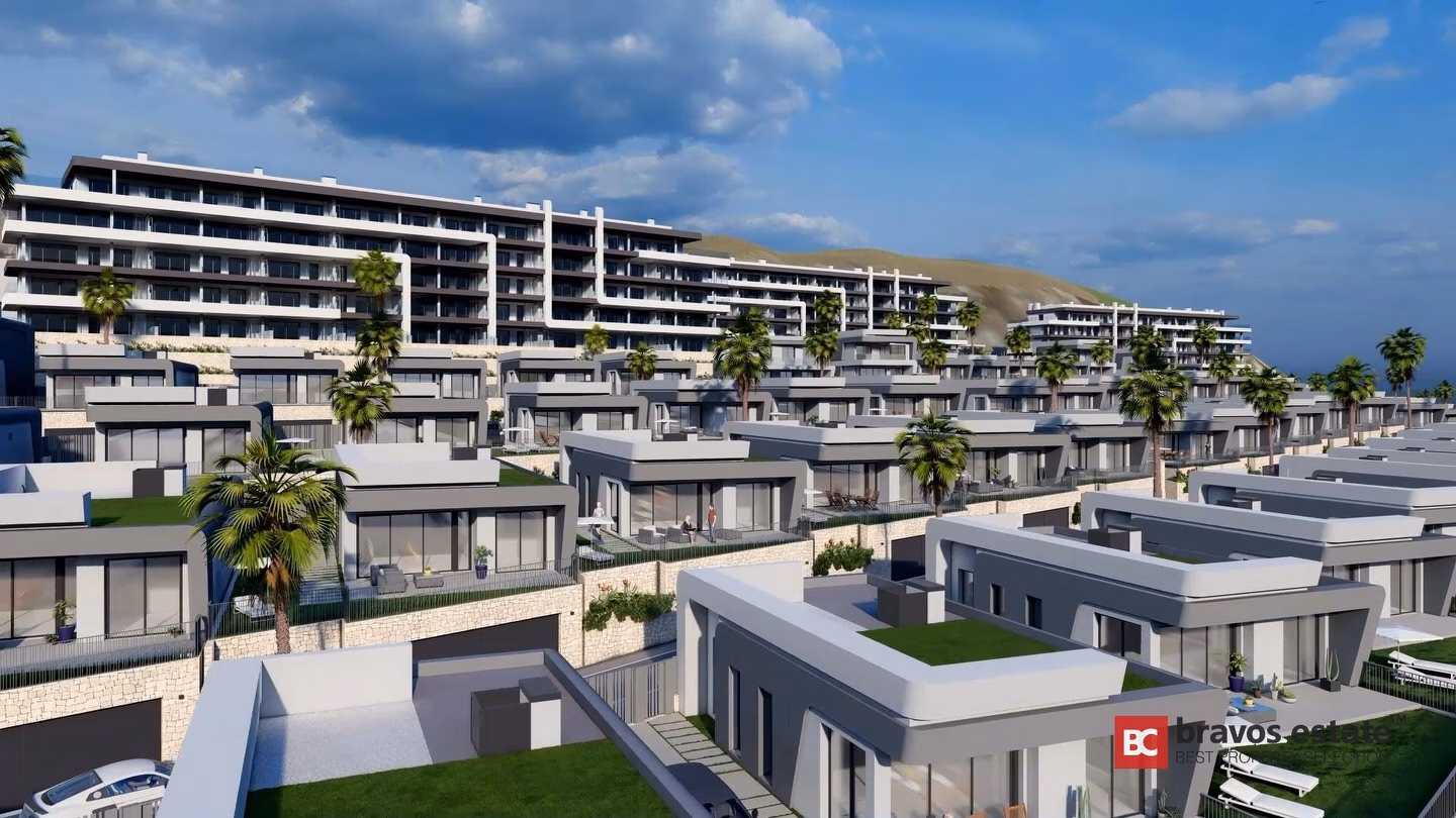 CGI-рендер Bonalba Green Villas: ряды современных отдельно стоящих вилл с плоскими крышами, частными бассейнами и пальмами на фоне крупного жилого комплекса курорта.