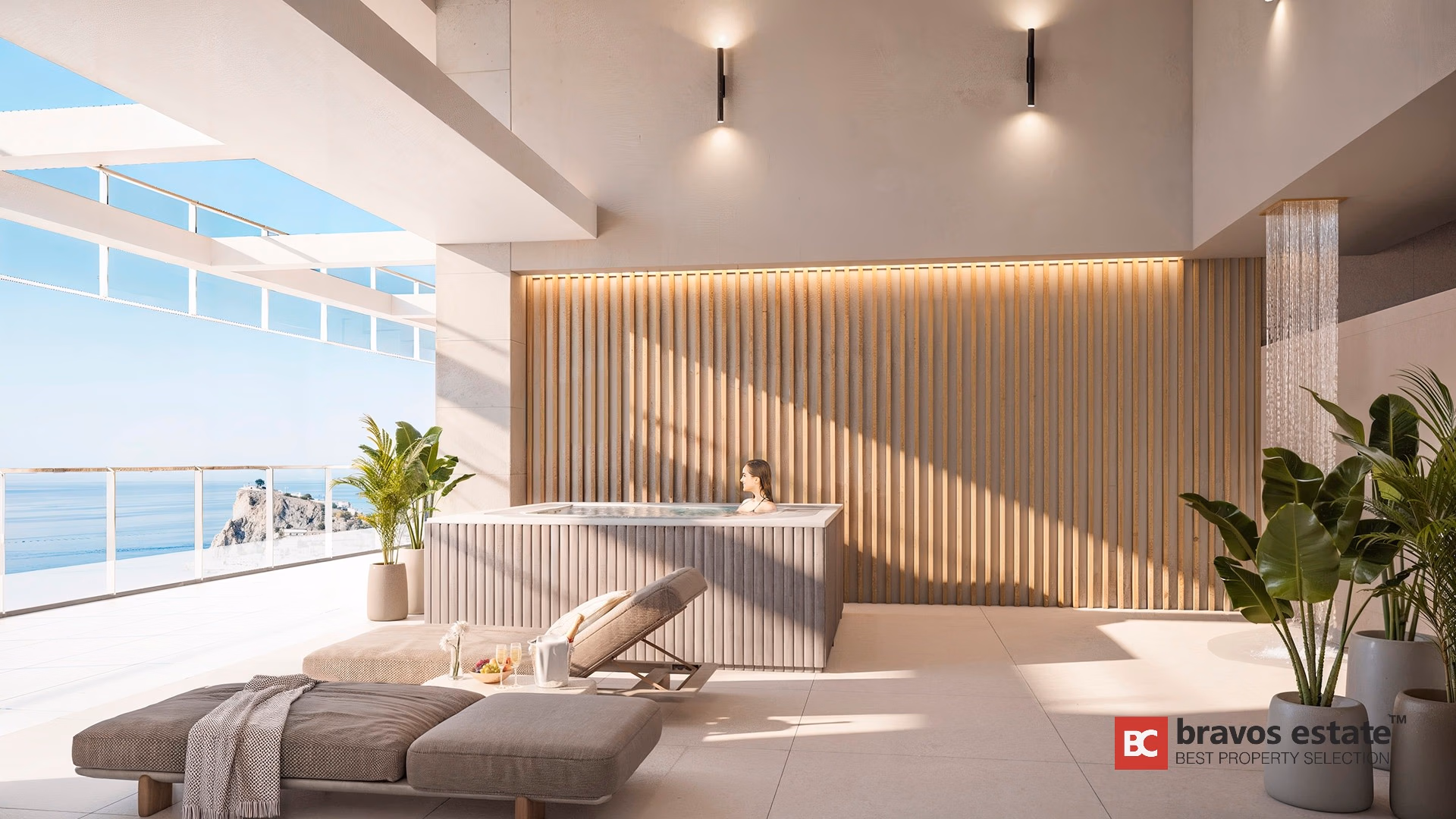 Рендер спа-террасы в TM Tower в Плайя-де-Поньенте — джакузи с рейками, подсветка деревянной стены, вид на море