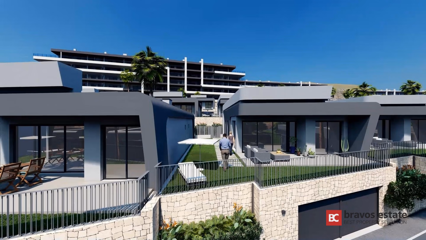 CGI-рендер Bonalba Green Villas: ряд современных отдельно стоящих вилл с плоскими крышами, частными садами и бассейнами на фоне здания отеля курорта Bonalba Golf Resort.