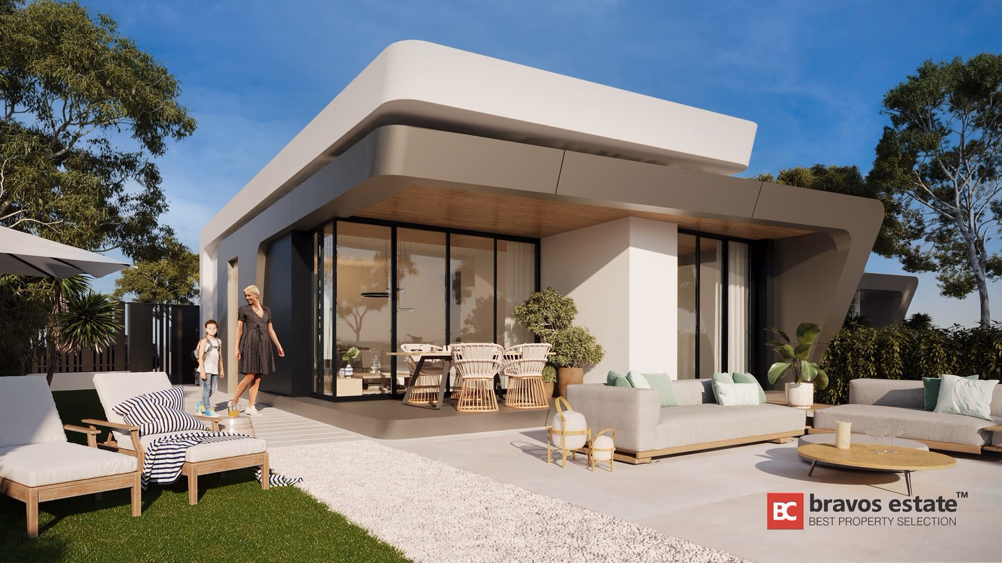 CGI-рендер отдельно стоящей виллы Bonalba Green Villas с плоской кровлей, панорамным остеклением, крытой террасой, уличной мебелью для отдыха и ухоженным садом.