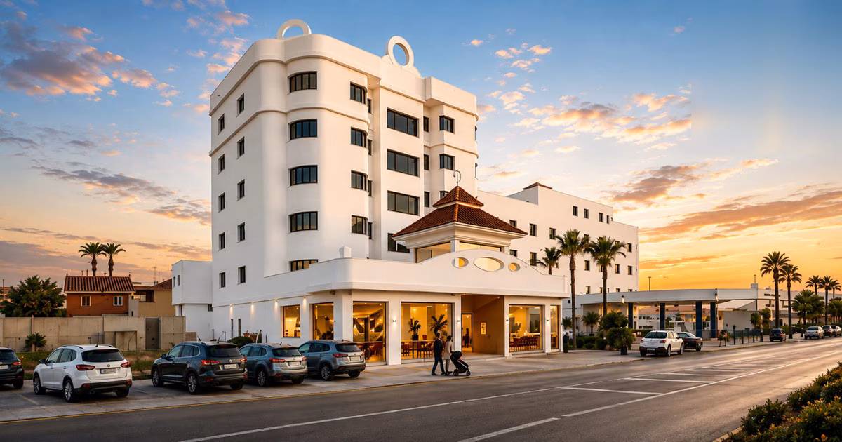 Здание резиденции Crystal Bay Suites на закате, Лос-Алькасарес