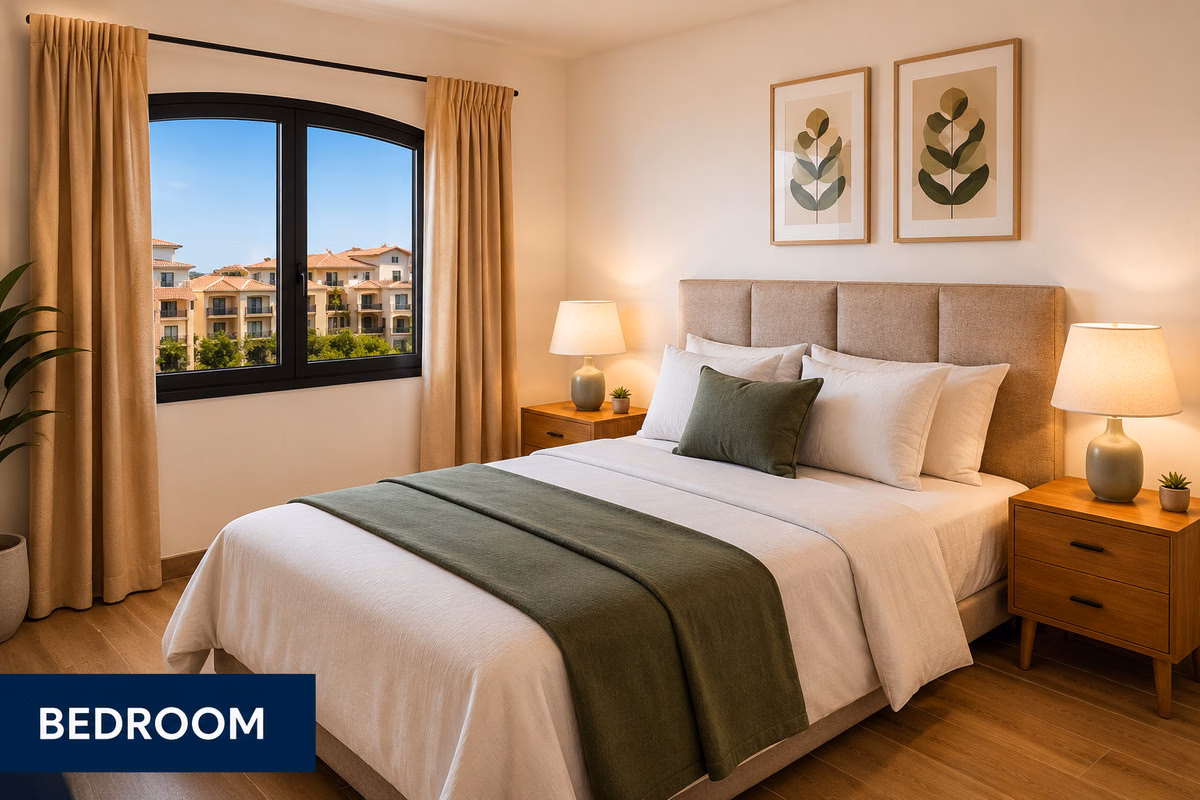 Спальня с двуспальной кроватью и видом в сад, Crystal Bay Suites