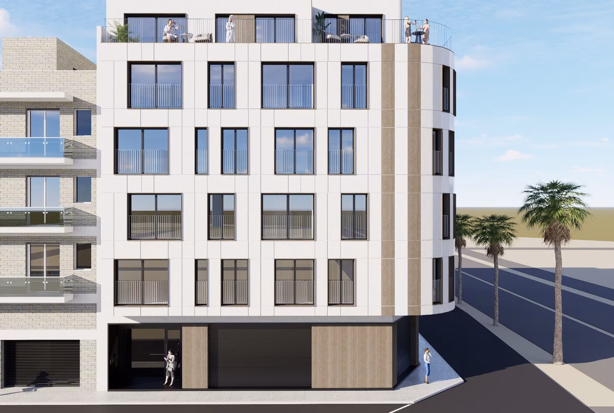 Главный фасад со скруглённым углом и террасами верхнего этажа, Edificio Anamar