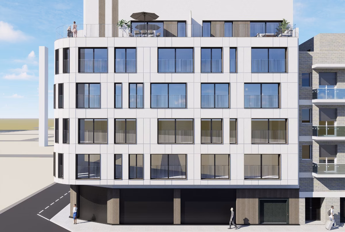 Боковой фасад Edificio Anamar со скруглённым углом и зонтиком на крыше