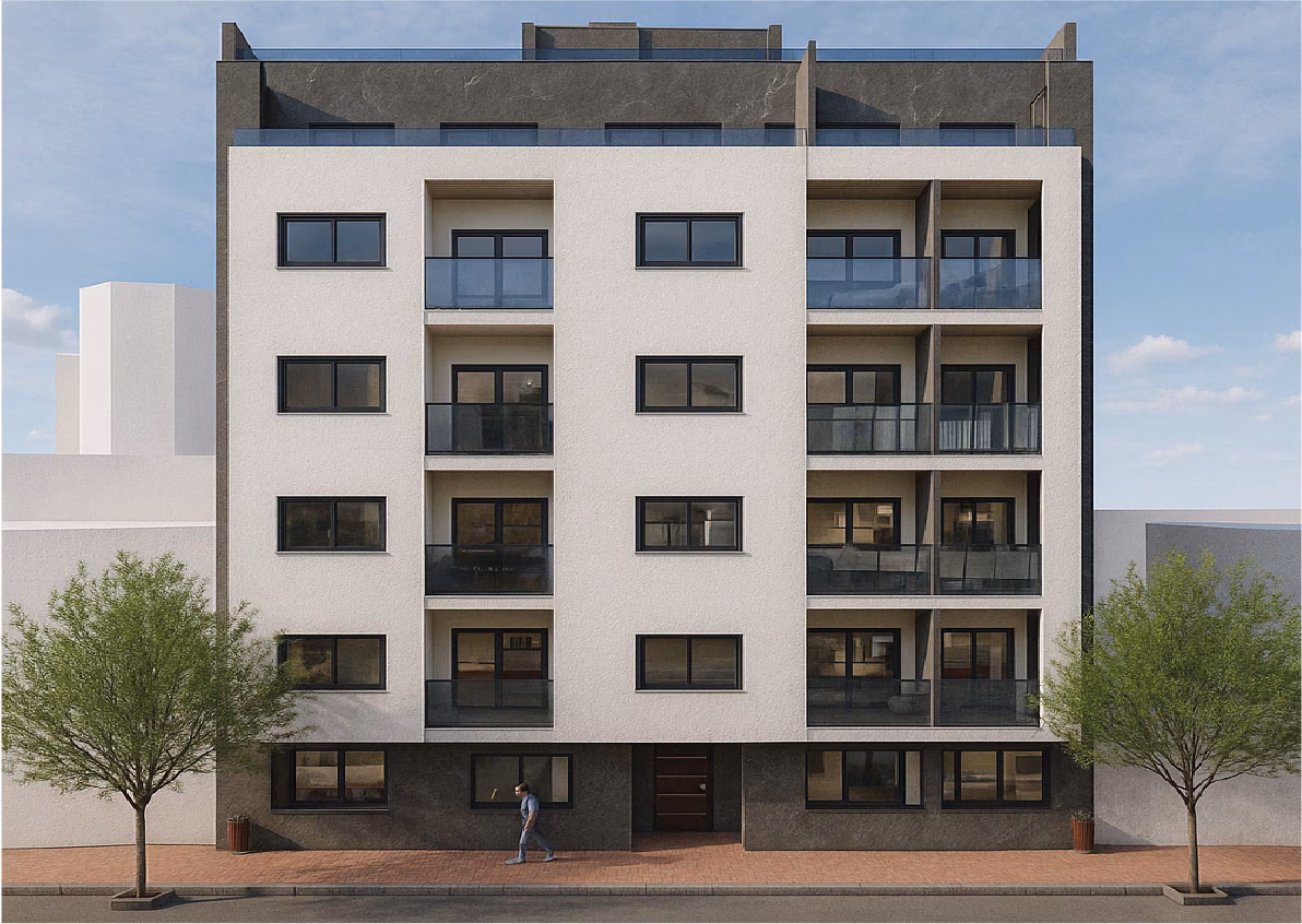 Фасад Edificio Antonella со стороны улицы: белая штукатурка, тёмная облицовка, стеклянные балконы, Торревьеха