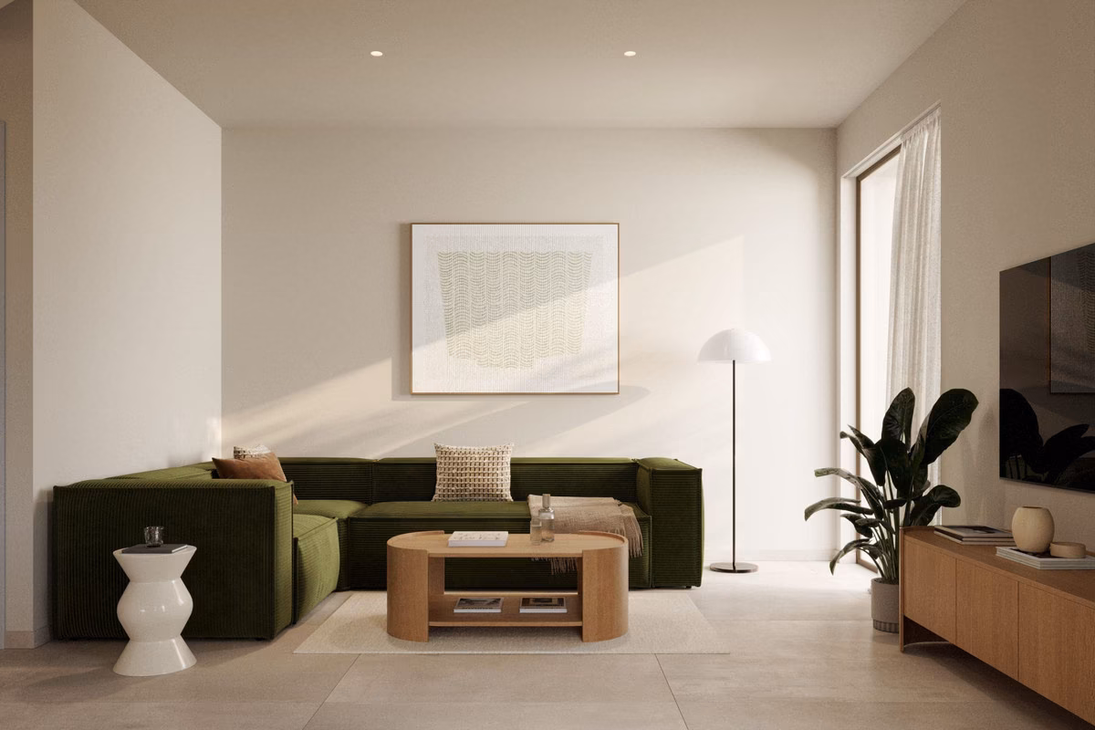 Гостиная с зелёным диваном в доме Larcosta Homes II, Альгорфа