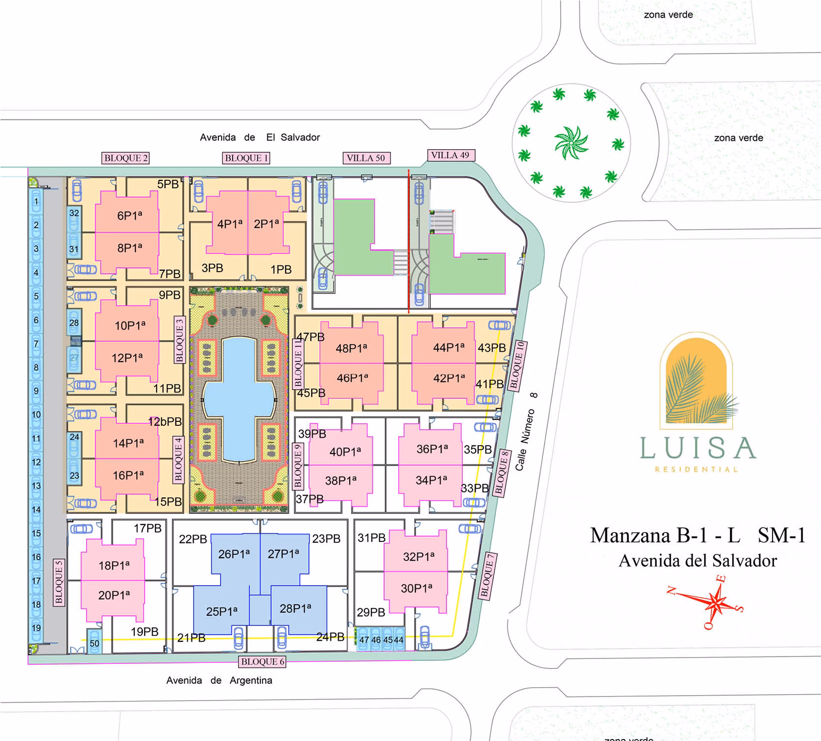 Генплан Luisa Residential: двухэтажные дома на четыре квартиры вокруг центрального сада с общим бассейном в форме креста