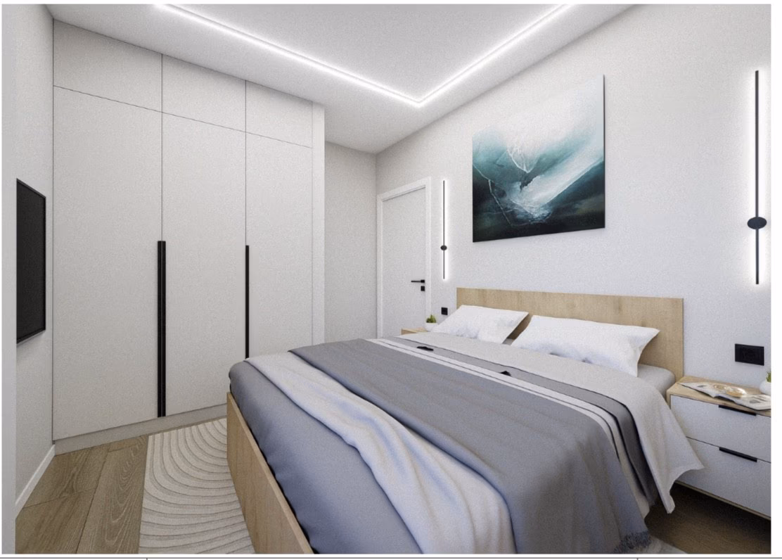 Спальня со встроенным шкафом и настенными светильниками, квартира в Maximlux