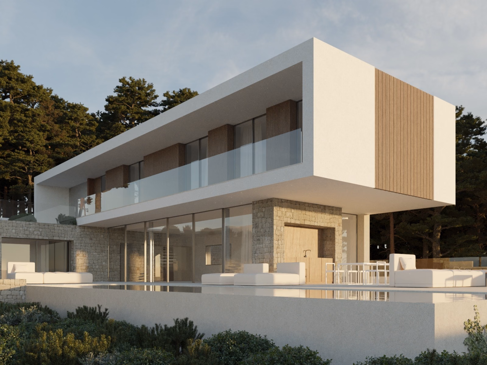 Вилла Mostoles 4: белый консольный верхний этаж над остеклённым первым, внизу терраса с бассейном