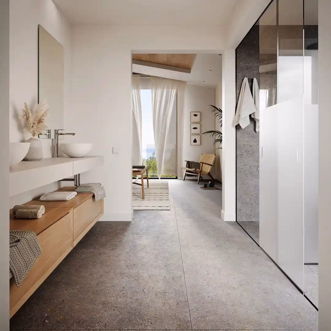 Ванная с раковиной и проходной гардеробной в Pine Valley Villas