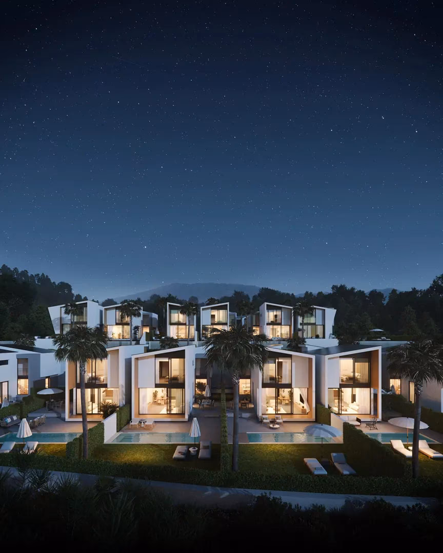 Дома Pine Valley Villas с подсветкой ночью