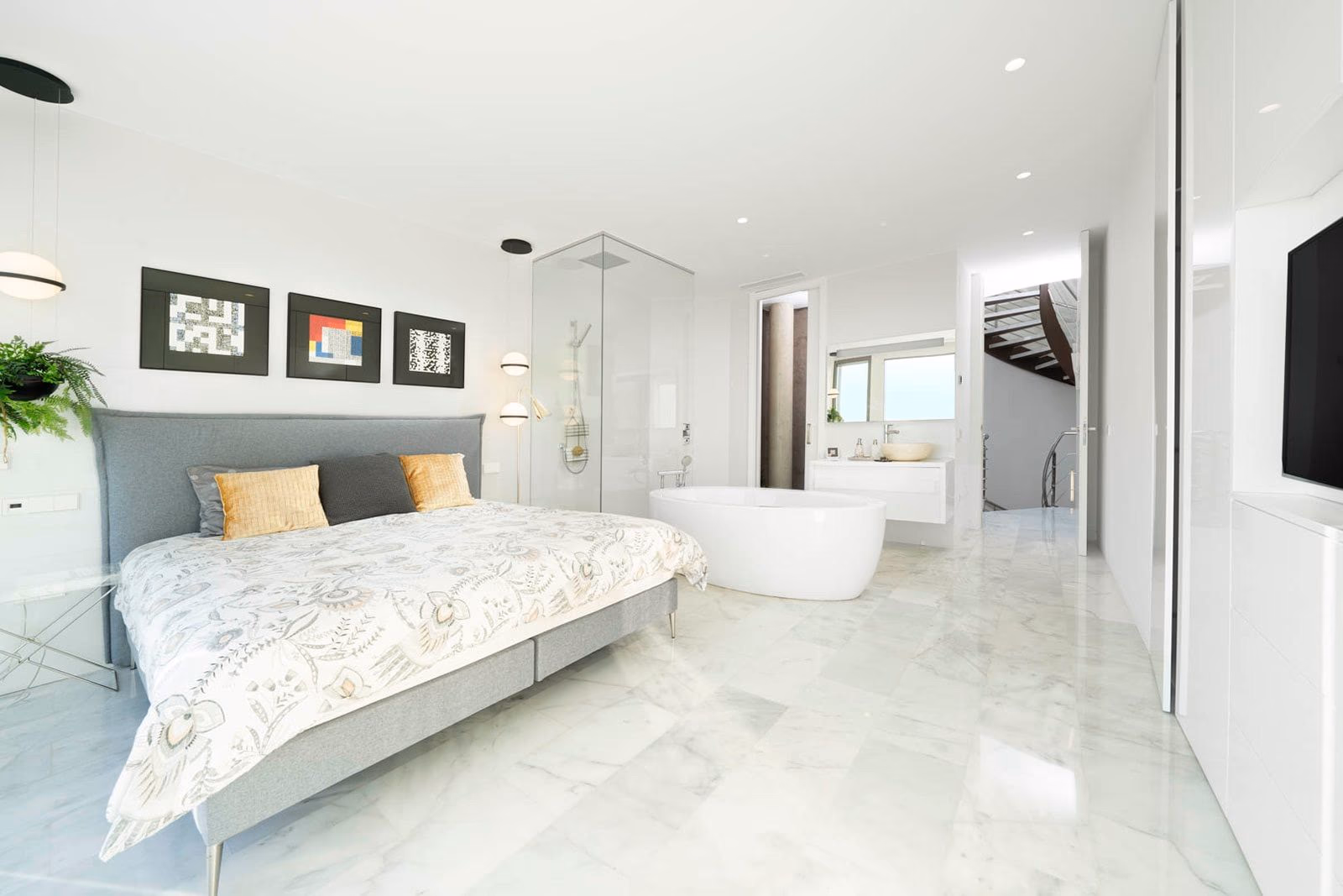 Master suite with marble floor, freestanding bathtub and walk-in shower