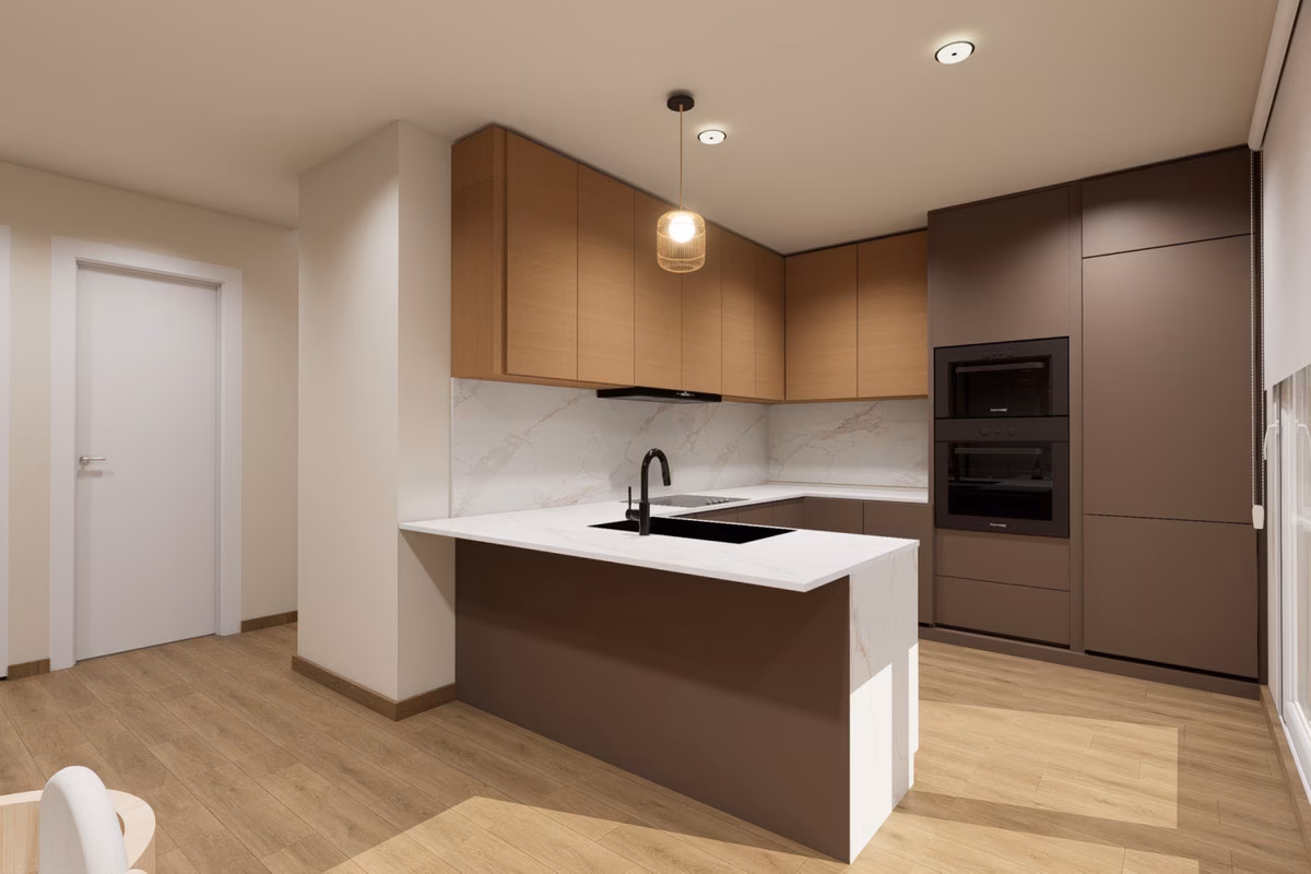 Кухня с фасадами под дерево и барной стойкой в вилле Residencial Aura