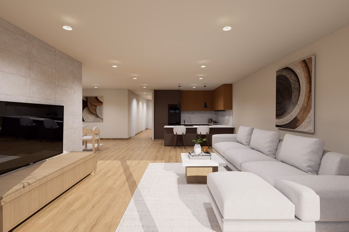 Гостиная с диваном и ТВ-зоной, за ней кухня, в вилле Residencial Aura