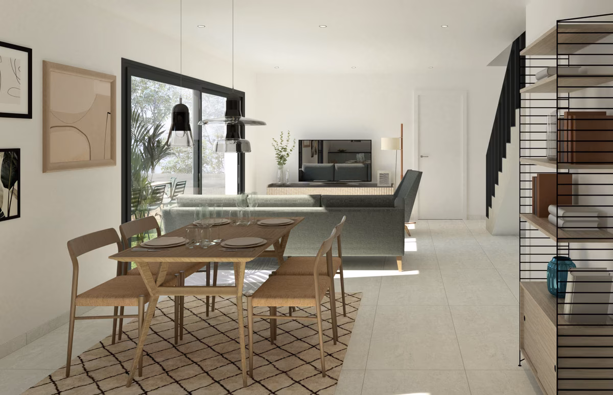 Обеденный стол и зона гостиной с лестницей в доме Residencial Bahia