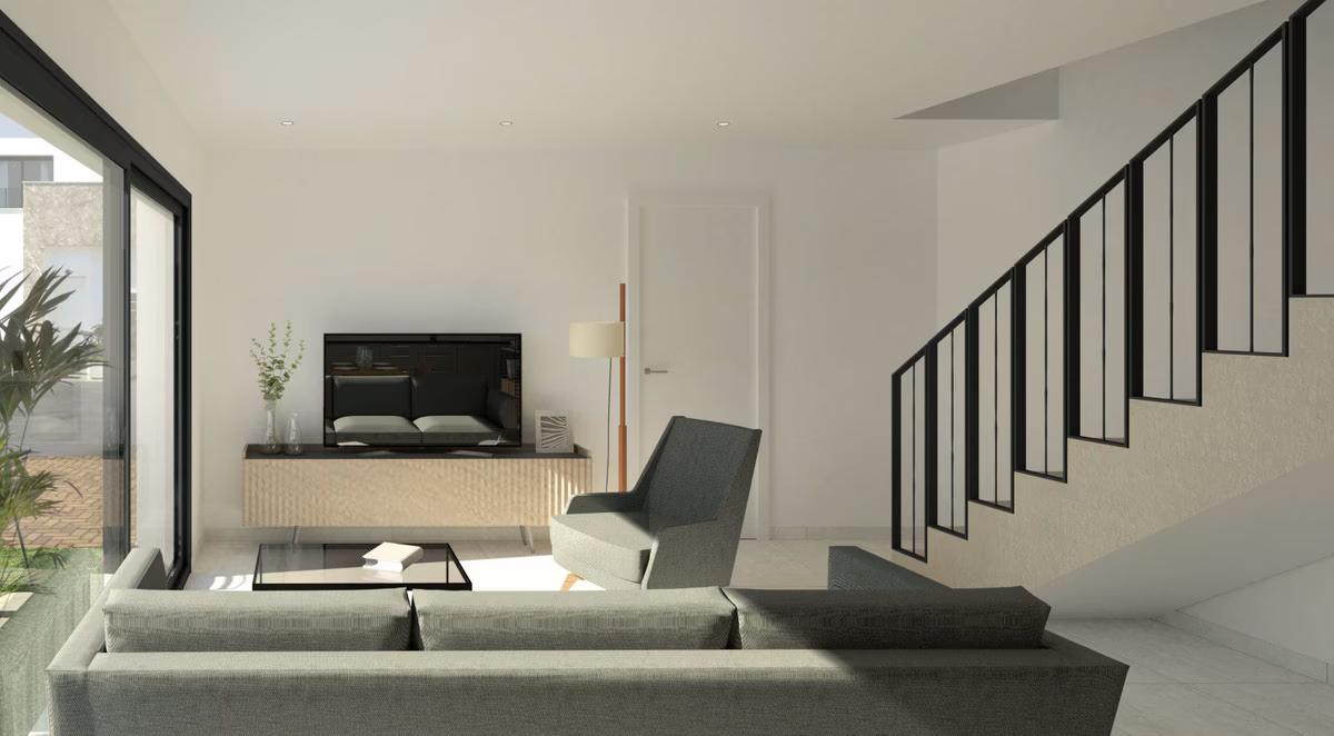 Гостиная с диваном, тумбой под телевизор и лестницей, Residencial Bahia