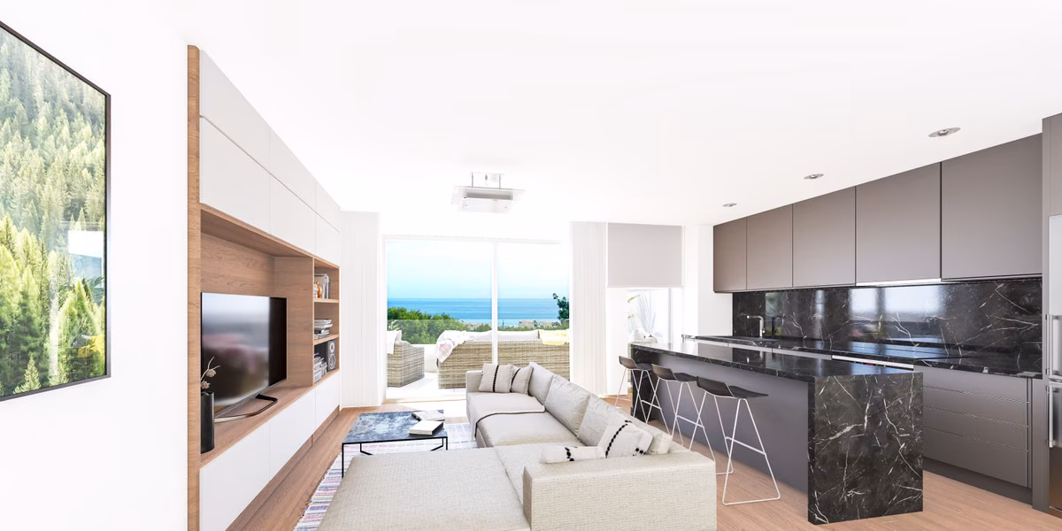 Гостиная с кухней и видом на море в Residencial Pacaraima