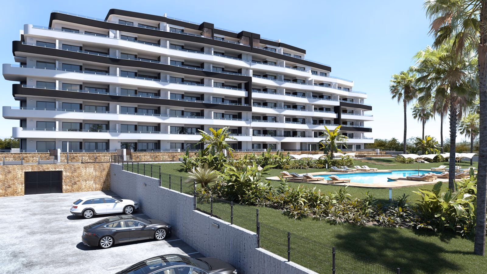 Корпус Salinas Gardens с общим бассейном и парковкой для жильцов