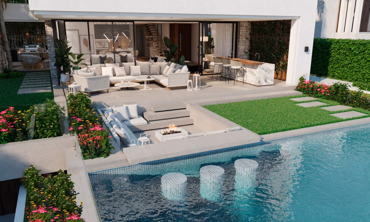 Бассейн со встроенными табуретами, утопленная зона отдыха с очагом и барная стойка на улице