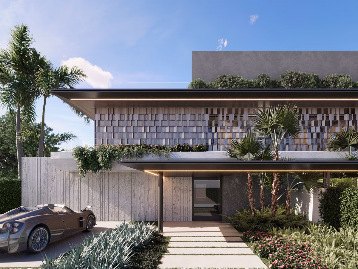 Входной фасад с объёмной деревянной решёткой и зеленью