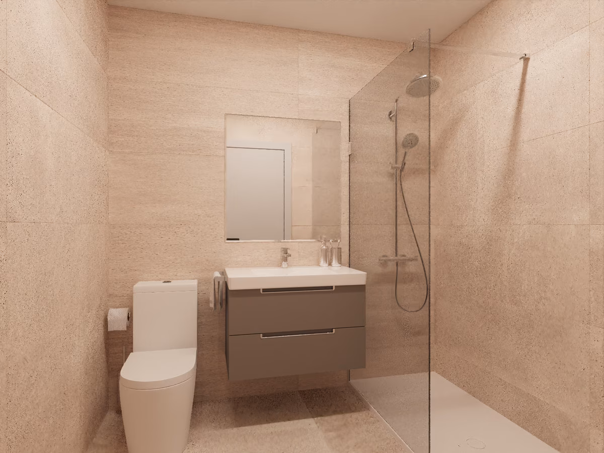 Ванная с душем без поддона и плиткой под камень