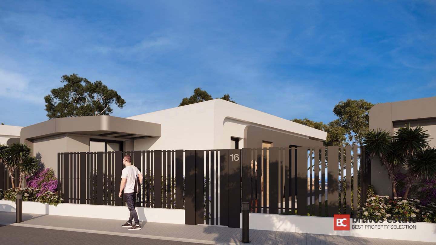 CGI-рендер экстерьера отдельно стоящей виллы Bonalba Green Villas с плоской крышей, тёмными реечными воротами с номером 16 и озеленённым палисадником на территории гольф-курорта Bonalba.