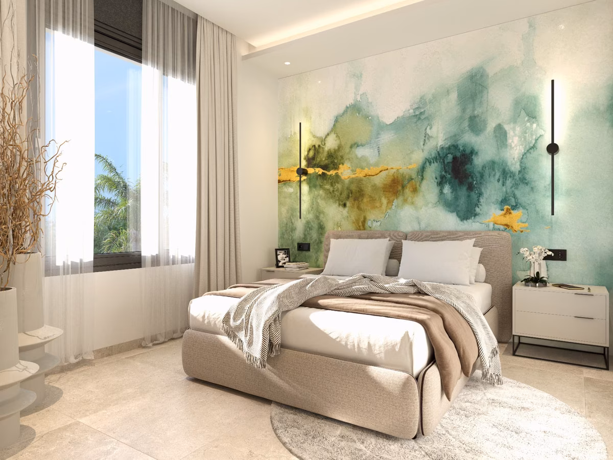 Спальня с акварельной росписью на стене, вилла Villas Las Filipinas