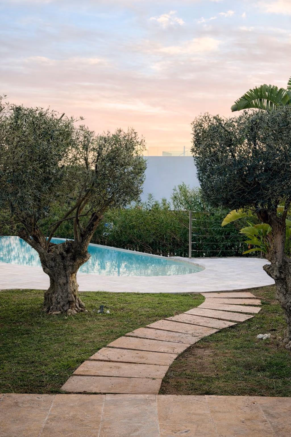 Garden path through olive trees toward the pool at sunset